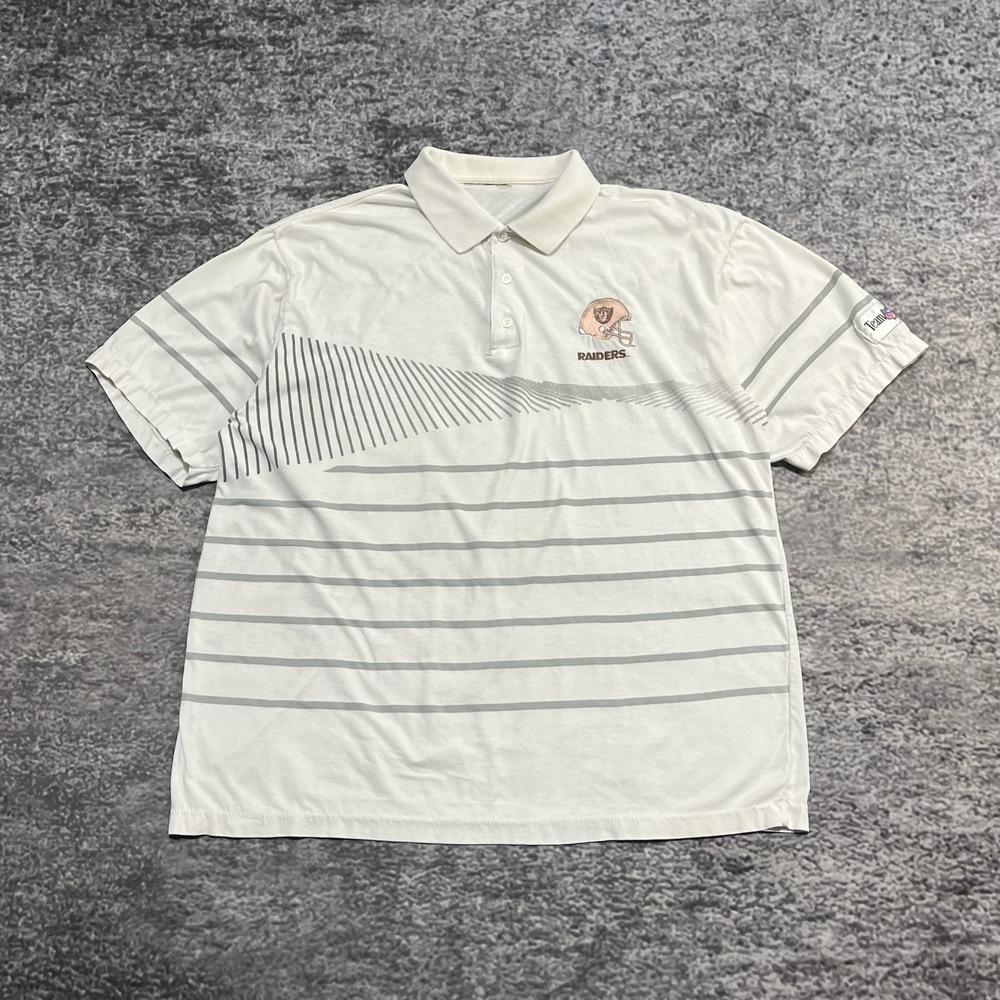 Vintage Oakland Raiders Polo Shirt Mens Large White Striped NFL 80s 90s